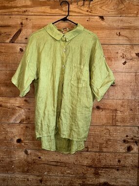 100 Lin Blanc 100% Linen Green Button-Up Shirt Roll Tab Sleeves Keyhole Back